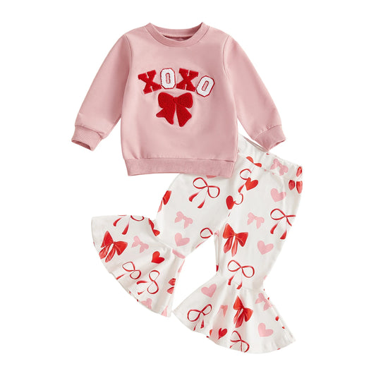 Baby Toddler Girls 2Pcs XOXO Be Mine Valentine's Day Outfit Bow Embroidery Long Sleeve Pullover Top with Bell Bottoms Clothing Set