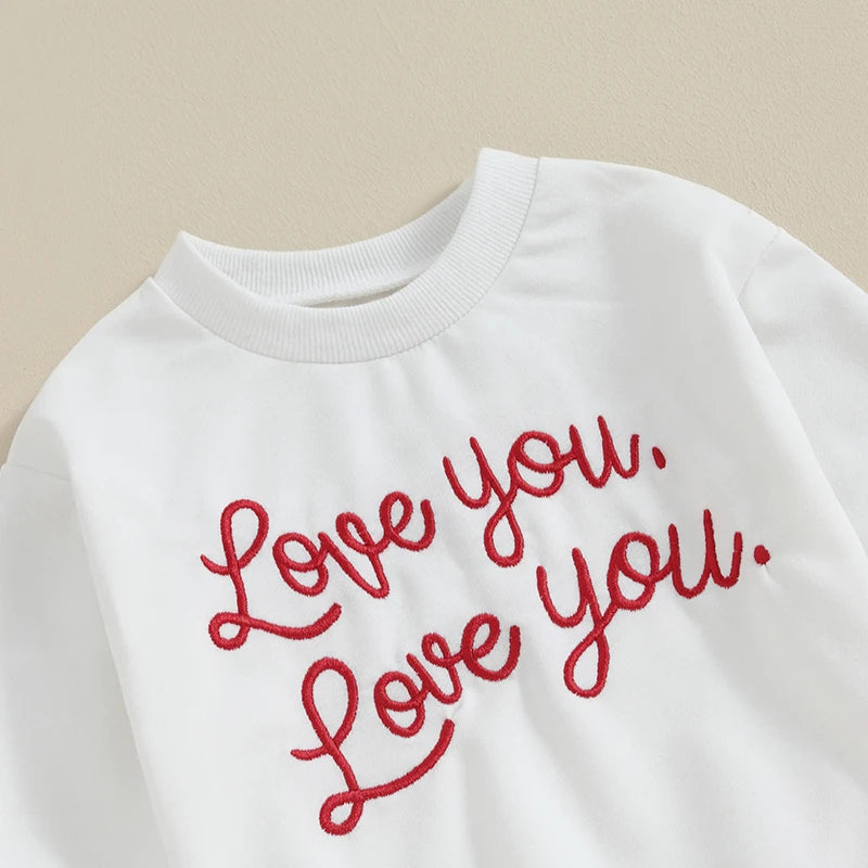 Baby Toddler Boy Girl 2Pcs Valentine's Day Clothes Love You Letter Embroidery Long Sleeve Top with Solid Color Pants Outfit Set