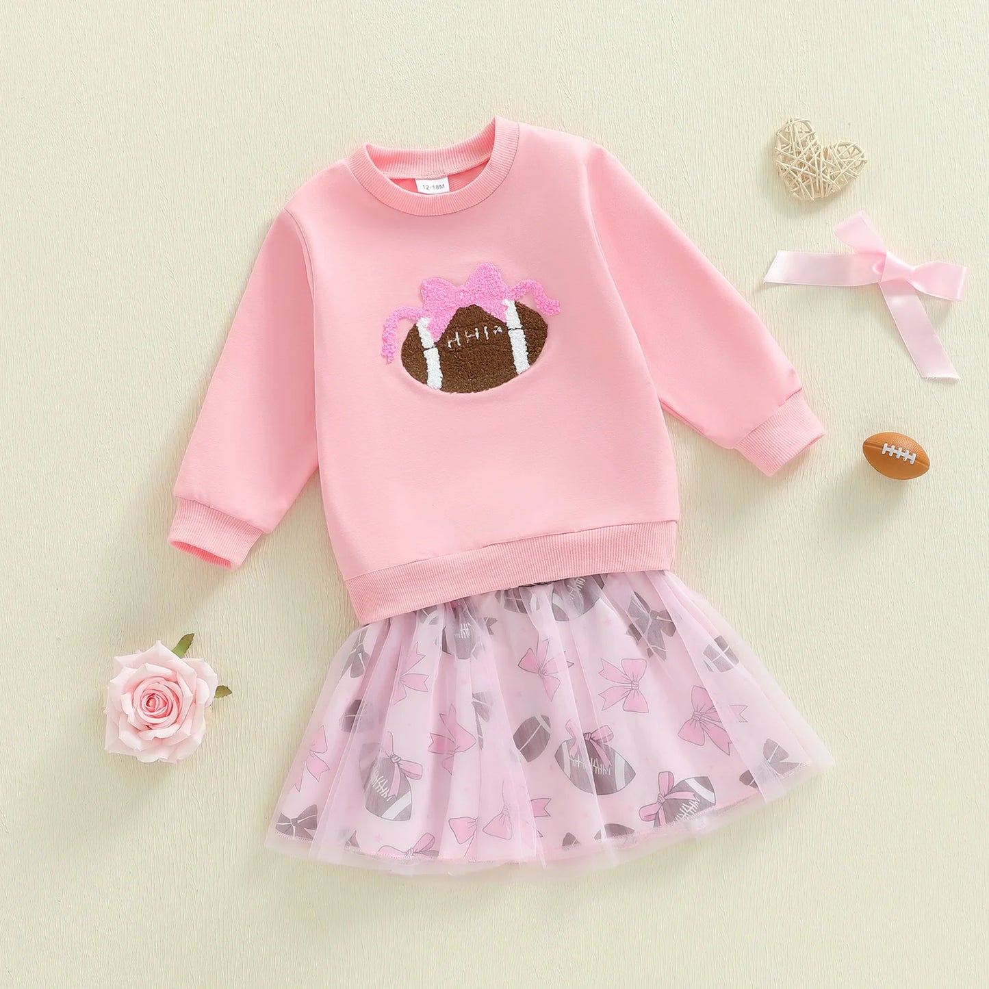 Baby Toddler Girl 2Pcs Fall Outfits Football Embroidery Long Sleeve Round Neck Top and Tutu Skirt 2Piece Set