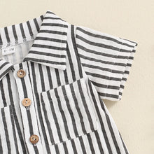 Load image into Gallery viewer, Baby Boy Striped Romper Short Sleeve Front Pocket Single-breasted Button Collar Legs Jumpsuit
