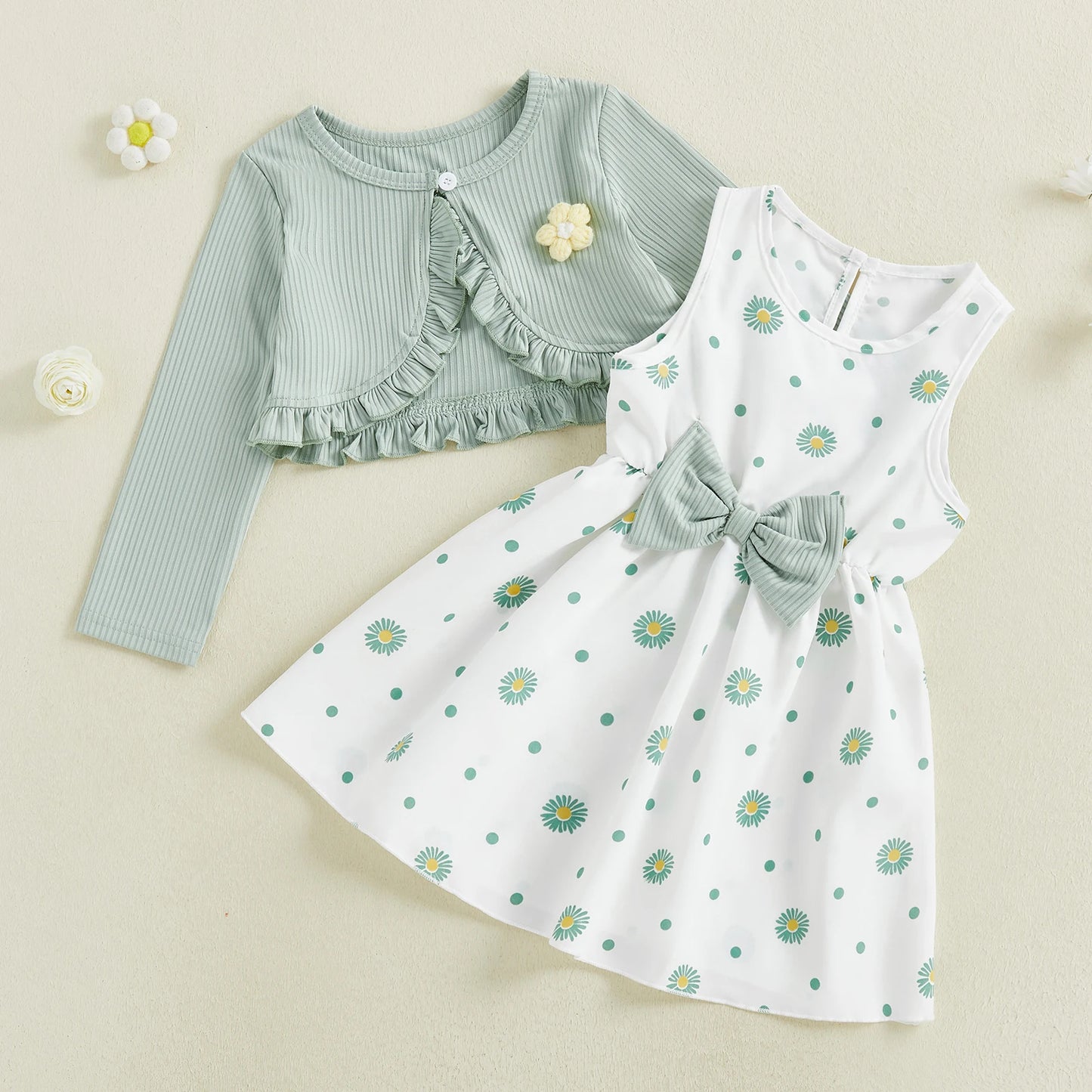 Toddler Kids Girl 2Pcs Spring Outfit Flower Long Sleeve Ruffle Cardigan and Sleeveless A-line Dress 2 Piece Set