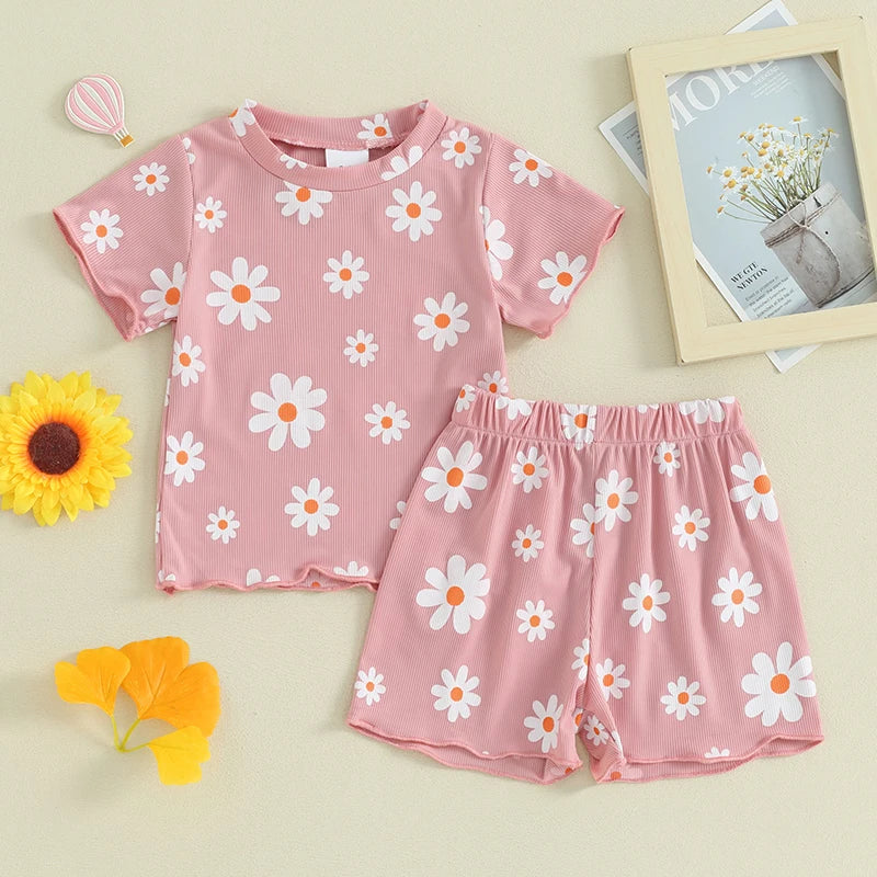 Toddler Baby Girl 2Pcs Spring Summer Clothes Floral Flowers Print Short Sleeve Crewneck Top with Matching Shorts Set Outfit