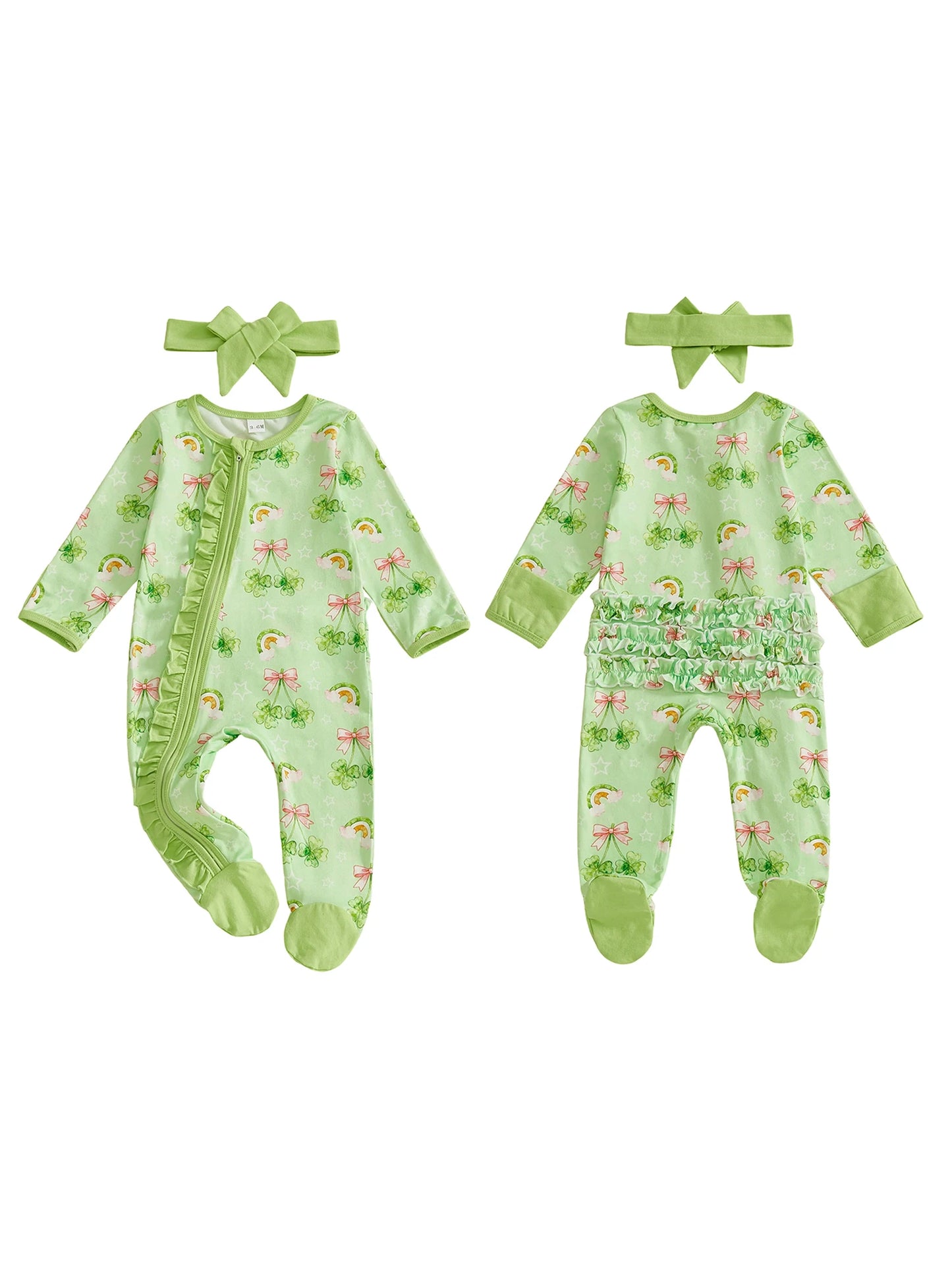 Baby Girl 2Pcs Romper Irish Clover Rainbow Print Long Sleeve Zipper Romper St. Patrick's Day Footed Jumpsuit with Headband Set