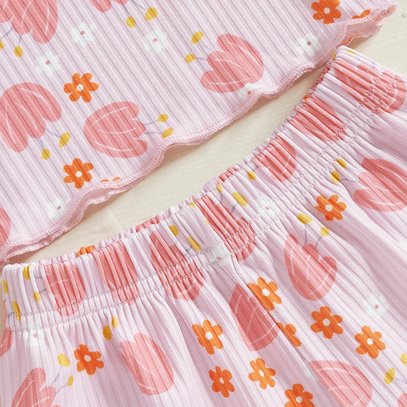 Baby Toddler Girls 2Pcs Ribbed Shorts Set Bow Heart Print Short Sleeve Round Neck Top Elastic Waistband Shorts