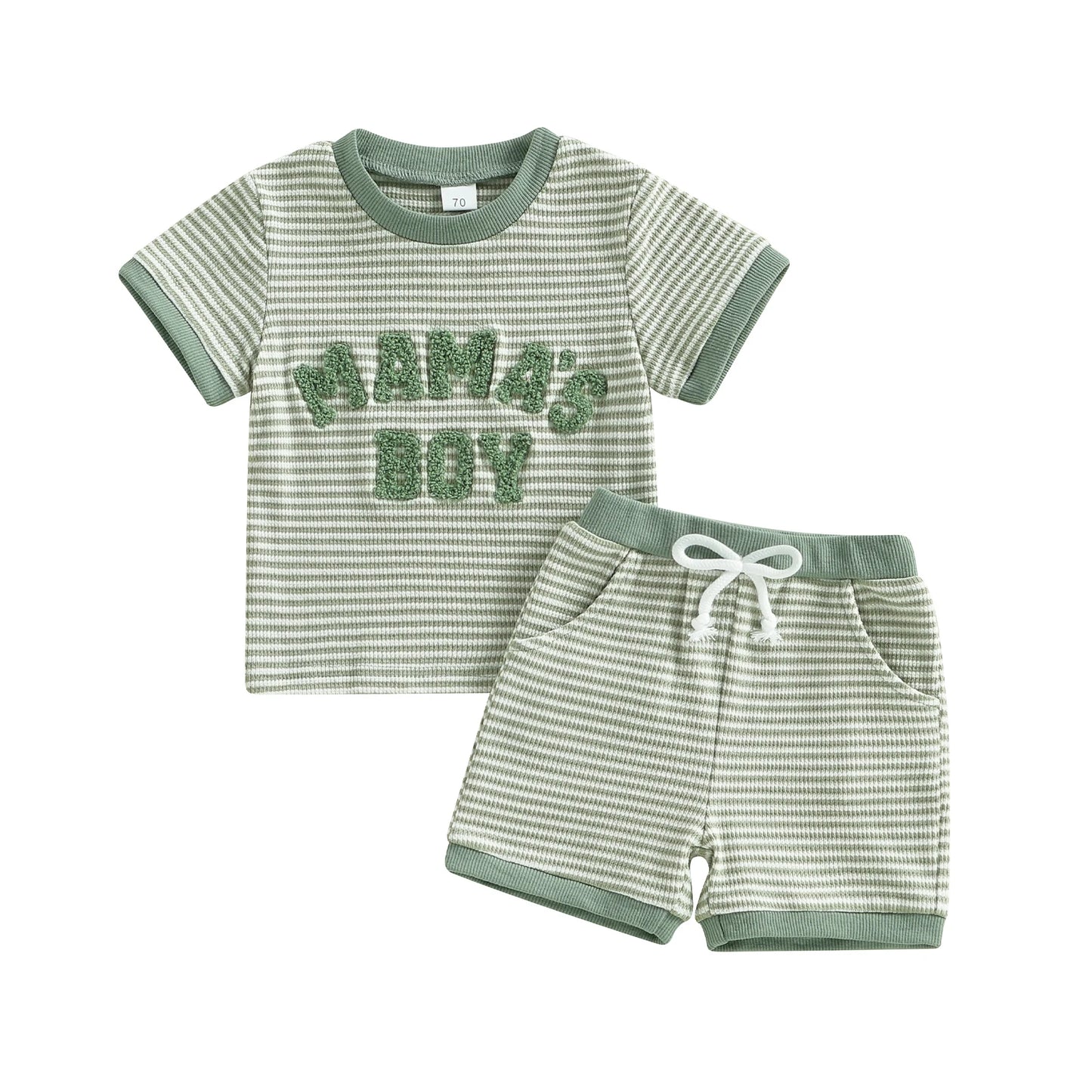 Baby Toddler Boys 2Pcs Mama's Boy Outfit Summer Short Sleeve Round Neck Letter Embroidery Striped Top and Shorts Set