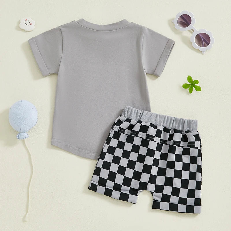 Baby Toddler Boys 2Pcs Summer Outfit Solid Color Short Sleeve Top T-Shirt Checkered Shorts Set