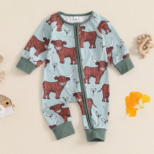 Load image into Gallery viewer, Baby Girls Boys Highland Cow Romper Print Long Sleeve Zipper Jumpsuit Fall Bodysuit
