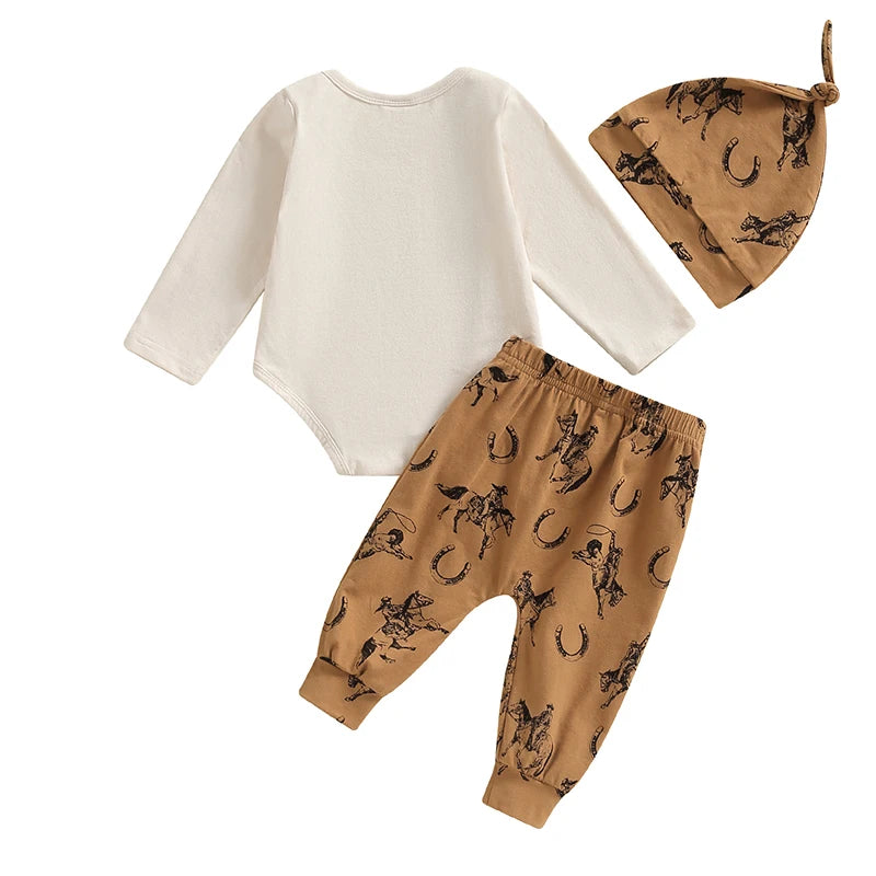 Baby Boys 3Pcs This is My First Rodeo Outfit Long Sleeve Letter Print Romper Horse Print Pants Hat Set