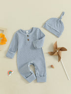 Baby Boys 2Pcs Fall Clothes Romper Stripe Print Long Sleeve Round Neck Full Length Jumpsuit with Hat Set