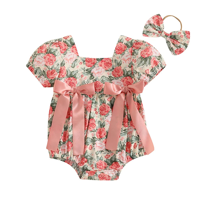 Baby Girls 2Pcs Romper Floral Print Short Sleeve Bodysuit Jumpsuit with Bow Headband Set