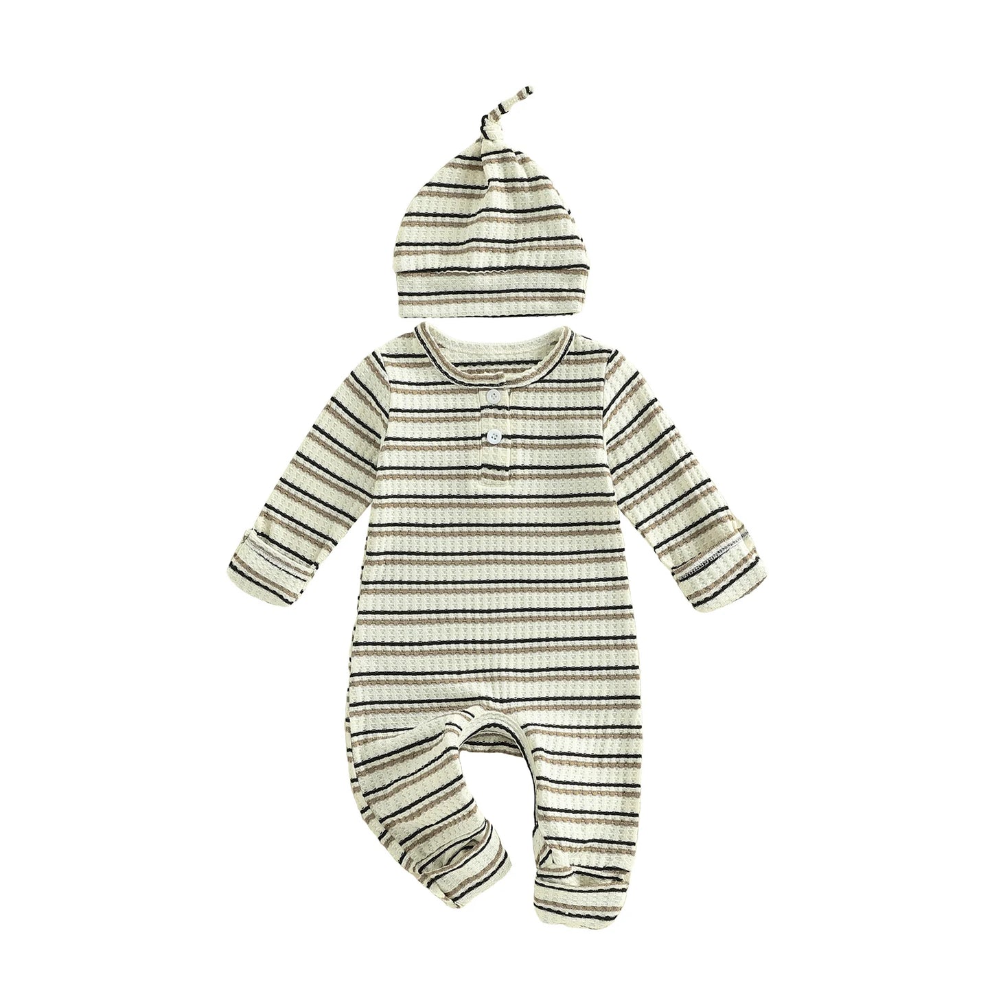 Baby Boy Girl 2Pcs Outfit Striped Long Sleeve Romper and Knotted Hat Spring Set
