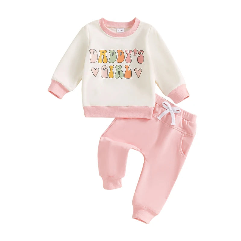 Baby Toddler Girls 2Pcs Daddy's Girl Outfit Long Sleeve Letters Heart Print Crewneck Top Pants Jogger Set