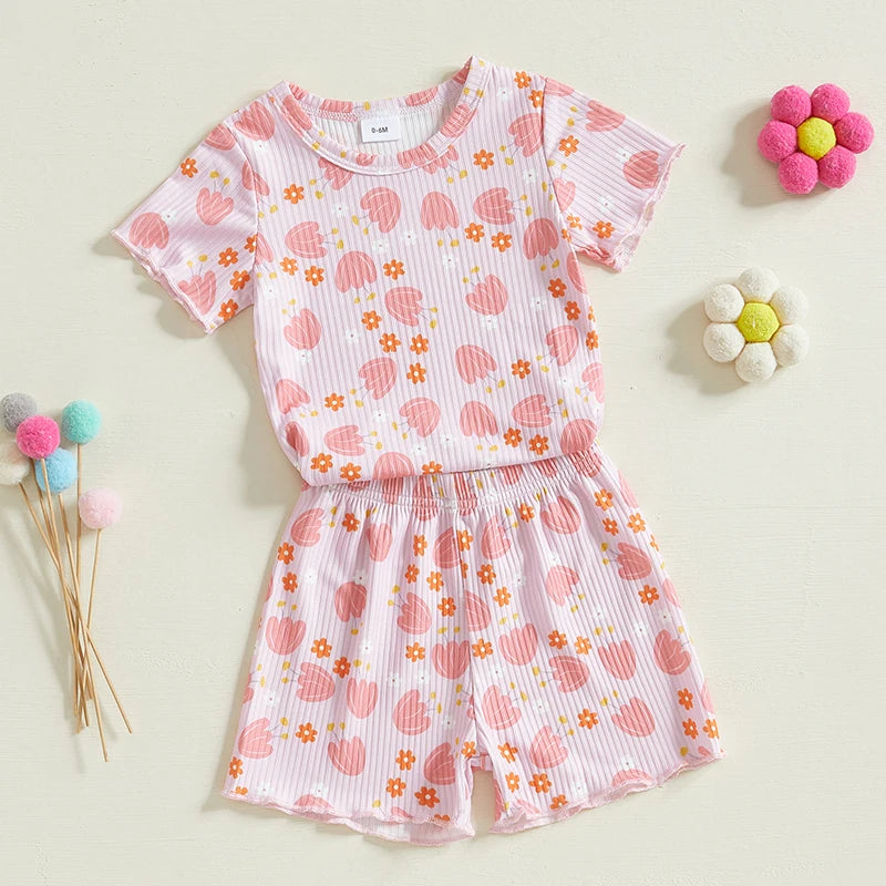 Baby Toddler Girls 2Pcs Ribbed Shorts Set Bow Heart Print Short Sleeve Round Neck Top Elastic Waistband Shorts