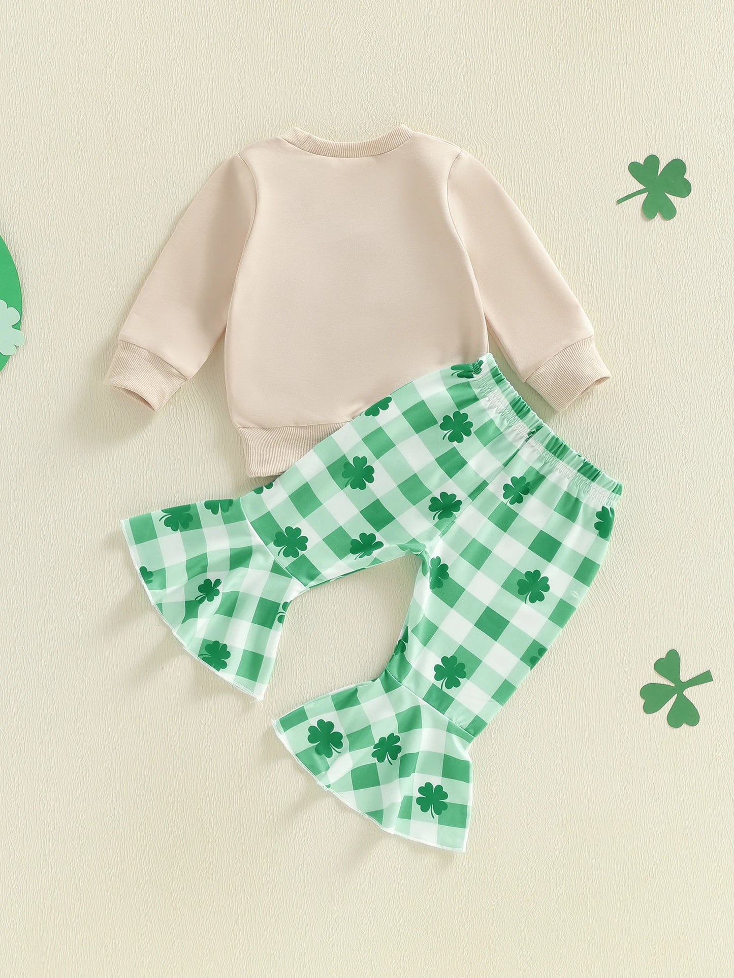 Baby Toddler Girls 2Pcs Lucky Charm Outfit Letter Embroidery Long Sleeve Round Neck Pullover Top Elastic Waist Plaid Flare Pants St. Patrick's Day Set