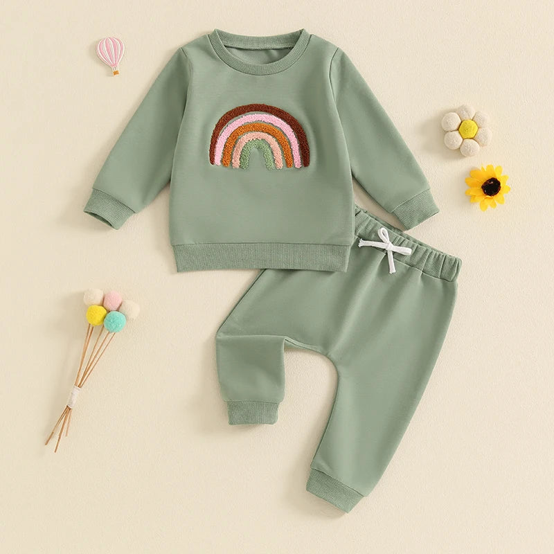 Baby Toddler Girls 2Pcs Outfit Embroidery Rainbow Long Sleeve Crew Neck Top with Elastic Waist Pants Set