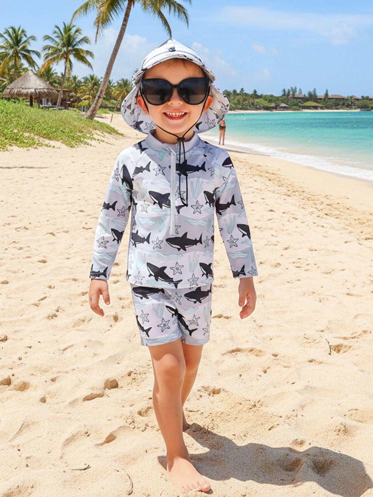 Baby Toddler Boys 3Pcs Rash Guard Swimsuit Print Zip Up Long Sleeve Swimwear Top Swim Shorts and Hat Set