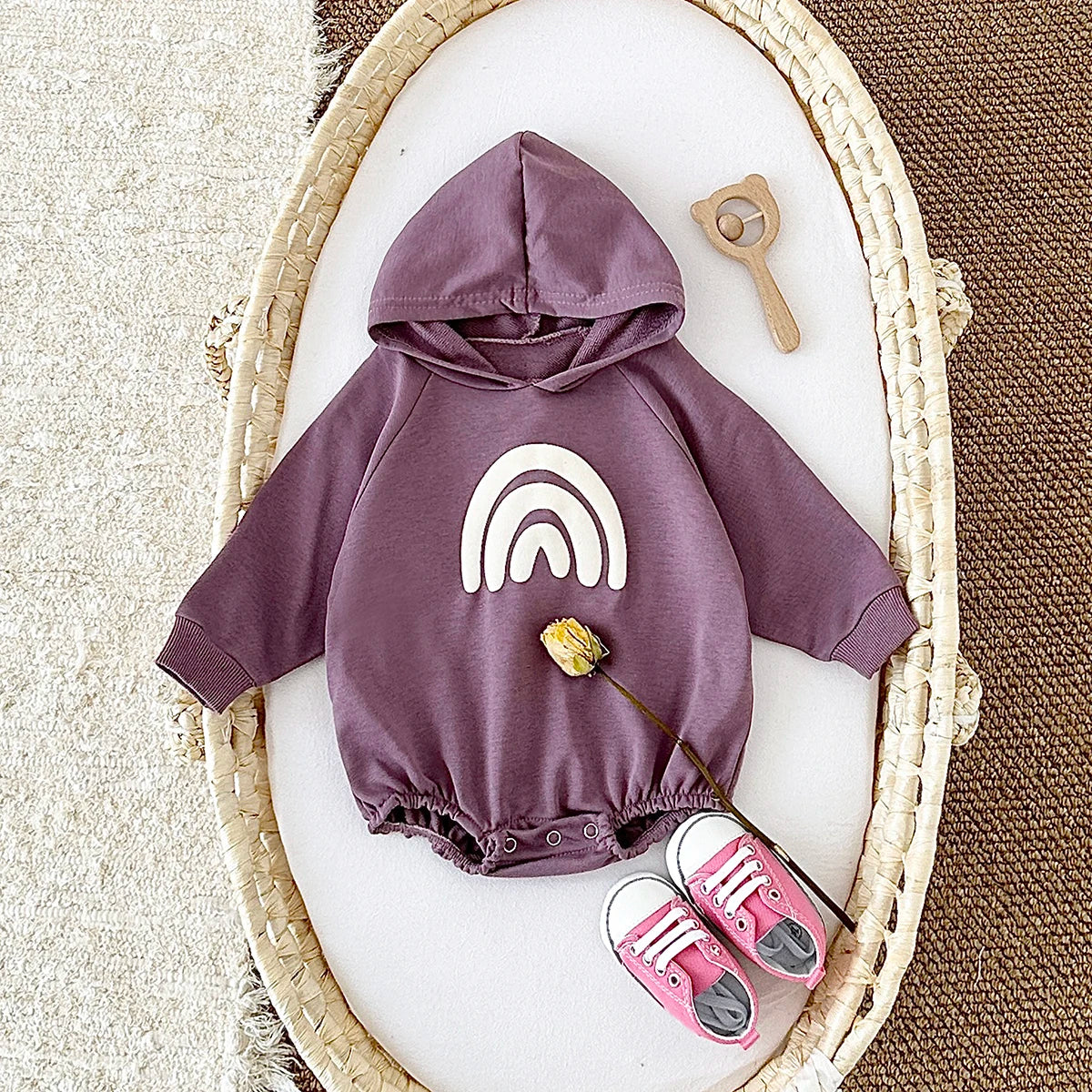 Baby Boys Girls Rainbow Long Sleeve Bubble Hooded Romper Hoodie Bodysuit One-piece