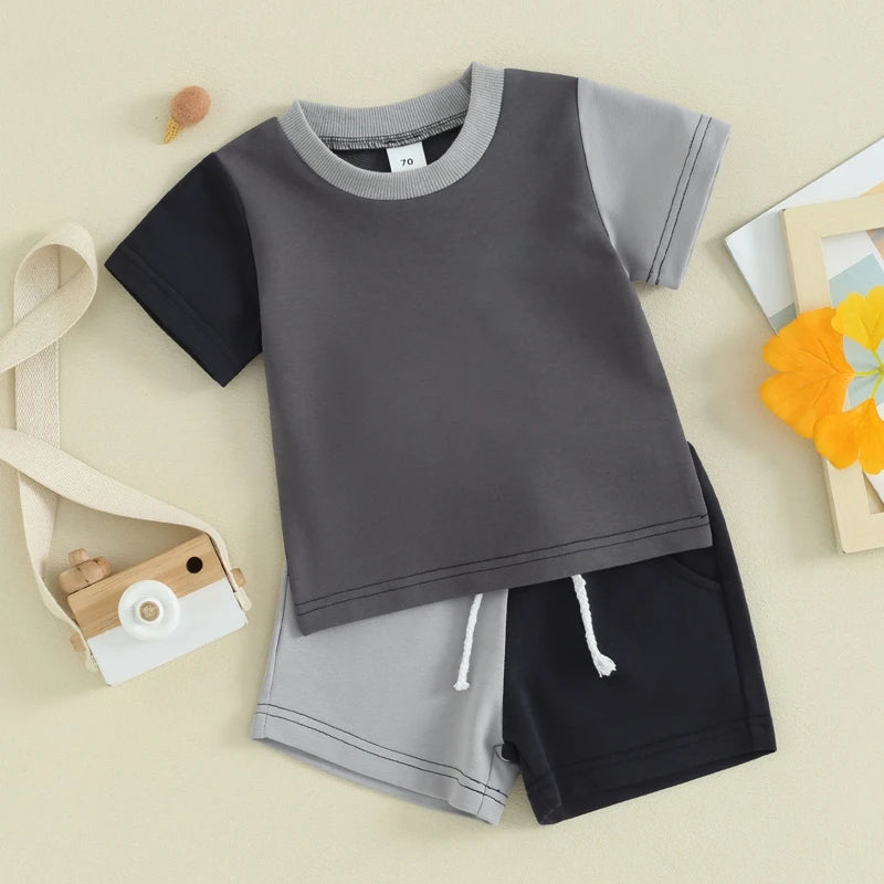 Toddler Baby Boy Girl 2Pcs Outfit Short Sleeve Contrast Color Top Elastic Waist Shorts Set Neutral Spring Summer Clothes