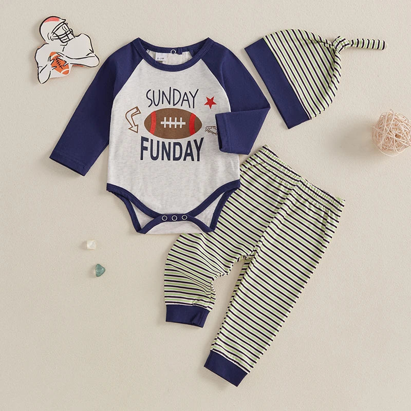 Baby Boys 3Pcs Sunday Funday Set Long Sleeve Crew Neck Letter Football Print Romper with Striped Pants and Hat Fall Outfit