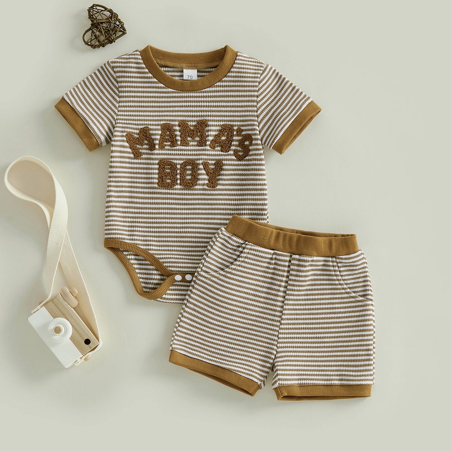 Baby Boy 2Pcs Mama's Boy Summer Set Striped Letter Embroidery Short Sleeve Romper and Shorts 2 Piece Outfit