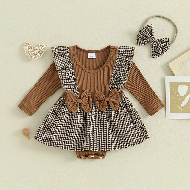 Baby Girls 2Pcs Autumn Romper Dress Long Sleeve Ruffle Houndstooth / Plaid Print Romper Overall Skirt With Headband Set