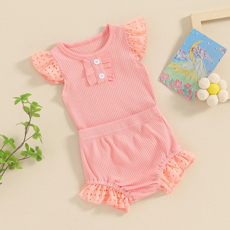 Baby Girl 2Pcs Spring Summer Outfits Round Neck Buttons Eyelet Fly Sleeve Frilly Romper Elastic Waist Shorts Clothes Set