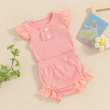 Load image into Gallery viewer, Baby Girl 2Pcs Spring Summer Outfits Round Neck Buttons Eyelet Fly Sleeve Frilly Romper Elastic Waist Shorts Clothes Set
