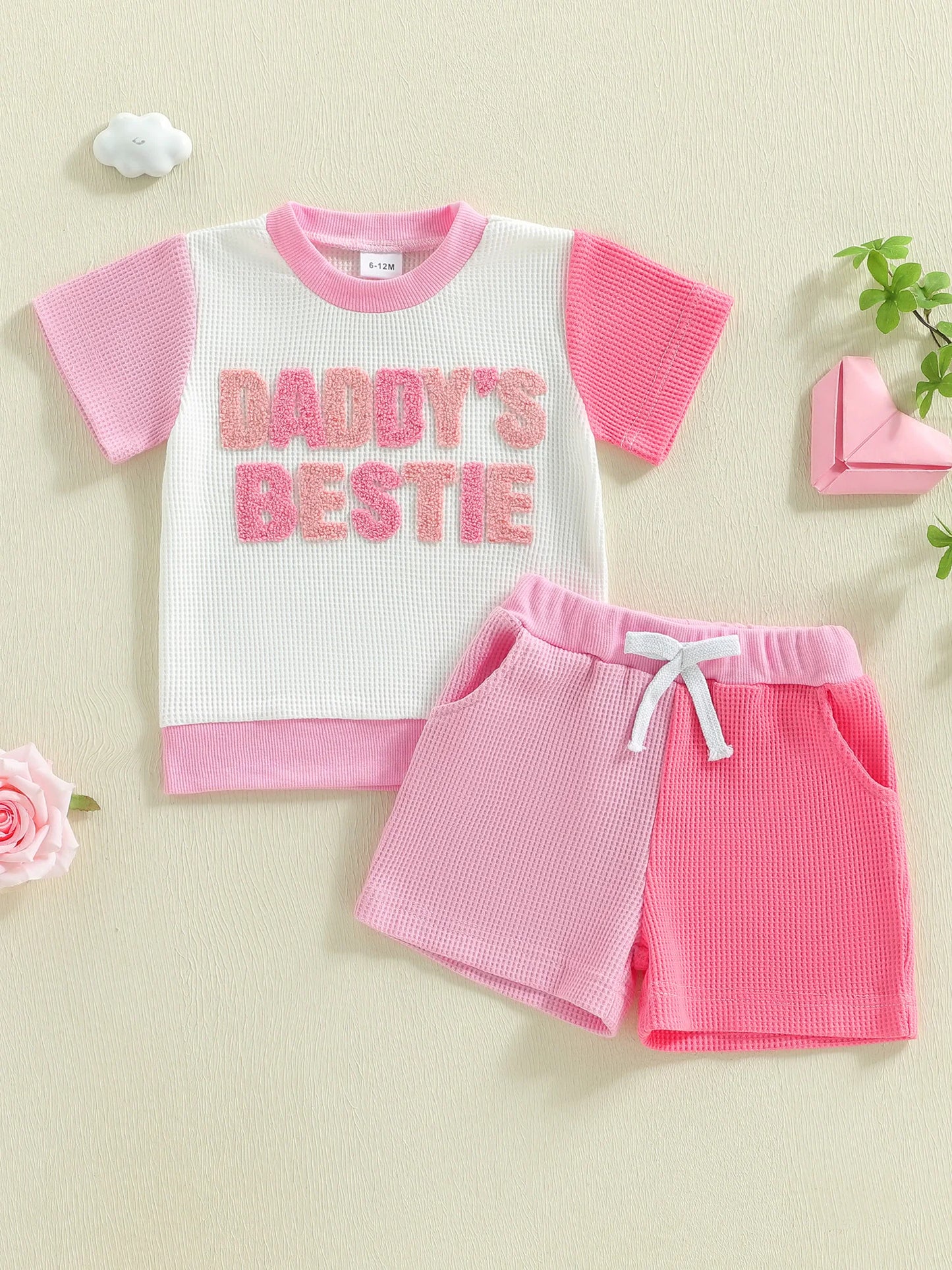 Baby Toddler Girls 2Pcs Daddy's Bestie Set Contrast Letter Short Sleeve T-shirt and Shorts 2 Piece Waffle Summer Outfit