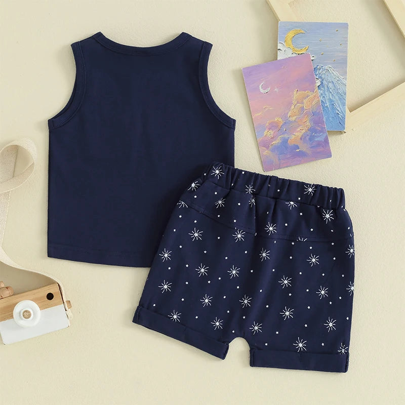 Baby Toddler Boy 2Pcs Summer Shorts Set Star Print Round Neck Tank Tops with Elastic Waist Shorts Outfit