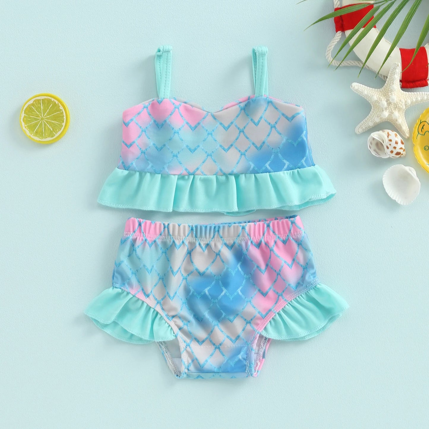 Baby Toddler Girls 2Pcs Bikini Sets Scale/Shell/Floral Print Sleeveless Tank Top and Bottoms Bathing Suit Set