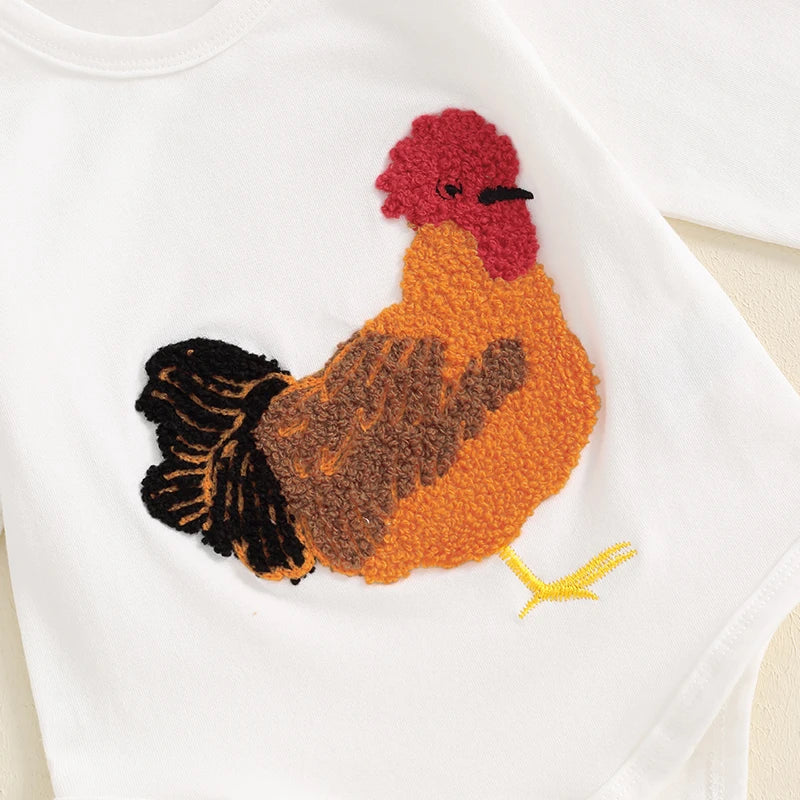 Baby Boy Girl 3Pcs Fall Outfit Chicken Embroidery Long Sleeve Romper Elastic Waist Pants Hat Clothes Set