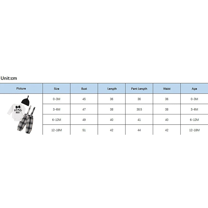 Baby Boys 3Pcs Mama's Boy Gentleman Outfit Long Sleeve Letter Embroidery Romper Bowtie Plaid Suspender Pants Beanie Hat Set