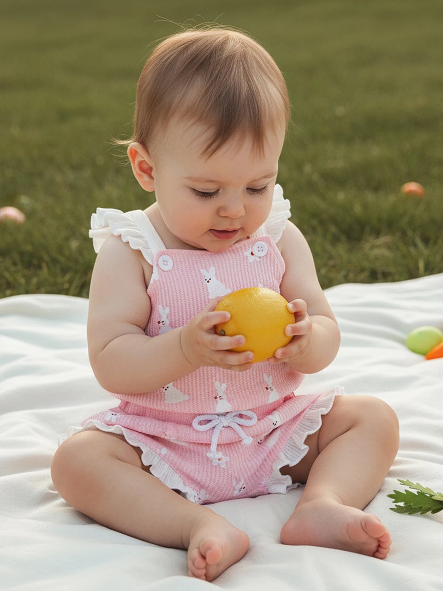 Baby Girl 2Pcs Easter Outfit Square Neck Ruffle Sleeveless Bunny Floral Print Romper Elastic Waist Bloomer Shorts Set