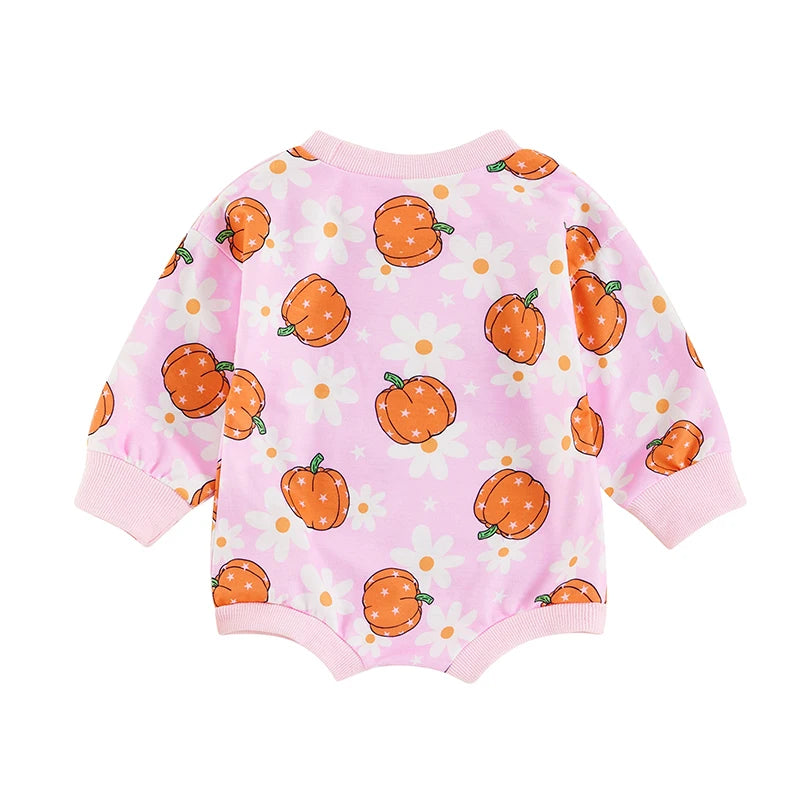 Baby Girls Halloween Romper Long Sleeve O Neck Pumpkin Flower Print Bubble Romper