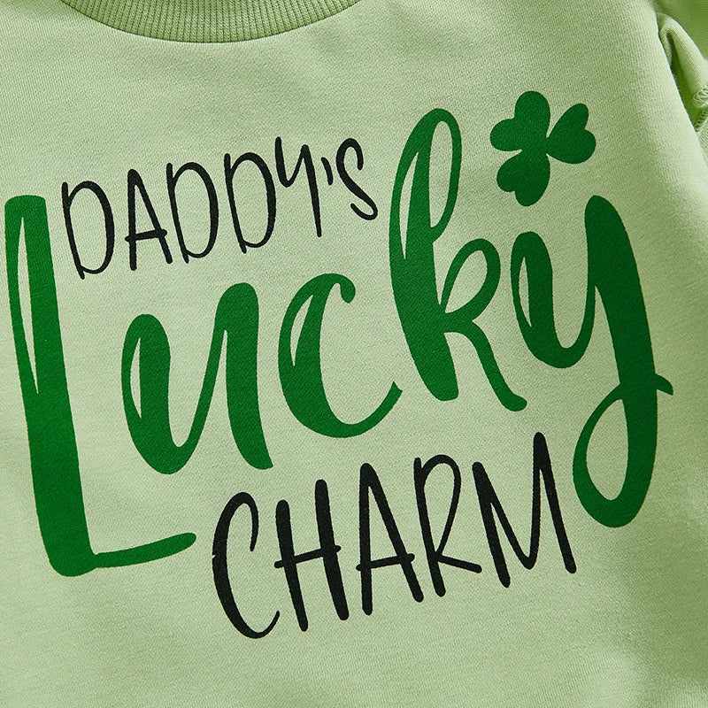 Baby Toddler Girls 3Pcs Daddy's Lucky Charm / Lucky Clover Spring Outfit Long Sleeve Top + Shamrock Pants + Headband Bow Set Clothes St. Patrick's Day