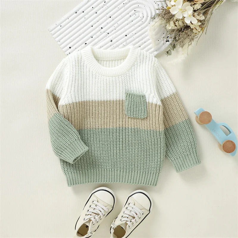 Baby Toddler Boys Girls Knit Sweater Contrast Color Pocket Crewneck Pullover Long Sleeve Top