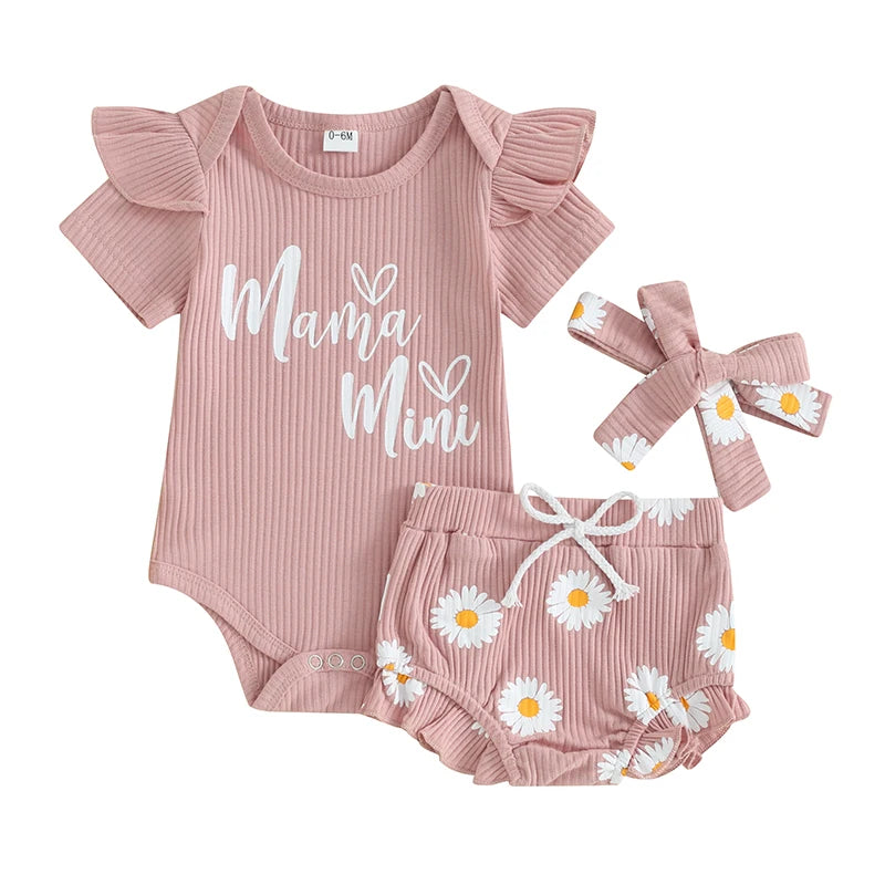 Baby Toddler Girls 3Pcs Outfits Mama's Mini Letter Print Short Sleeve Frilly Romper and Daisy Print Shorts Headband Set