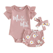 Load image into Gallery viewer, Baby Toddler Girls 3Pcs Outfits Mama&#39;s Mini Letter Print Short Sleeve Frilly Romper and Daisy Print Shorts Headband Set
