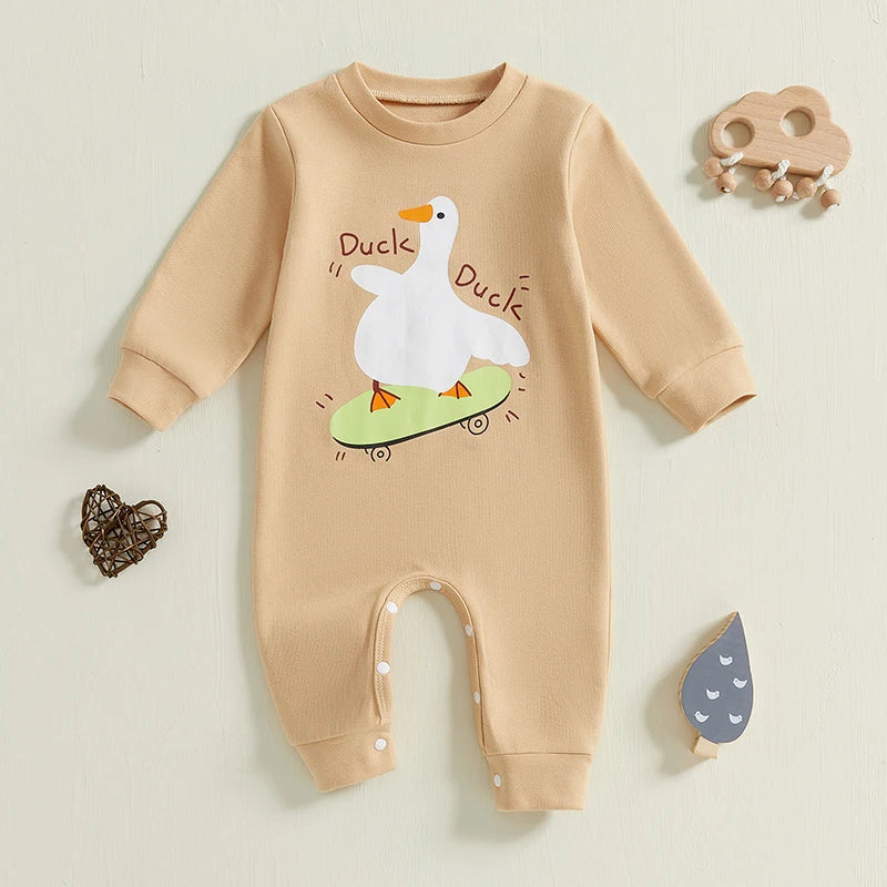 Baby Girl Boy Romper Duck Duck Letter Skateboarding Goose Print Long Sleeve Jumpsuit