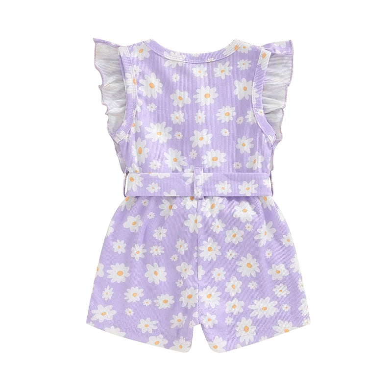 Baby Toddler Girls Summer Jumpsuit Ruffle Sleeveless Round Neck Floral Flower Print Belted Romper Shorts Playsuit