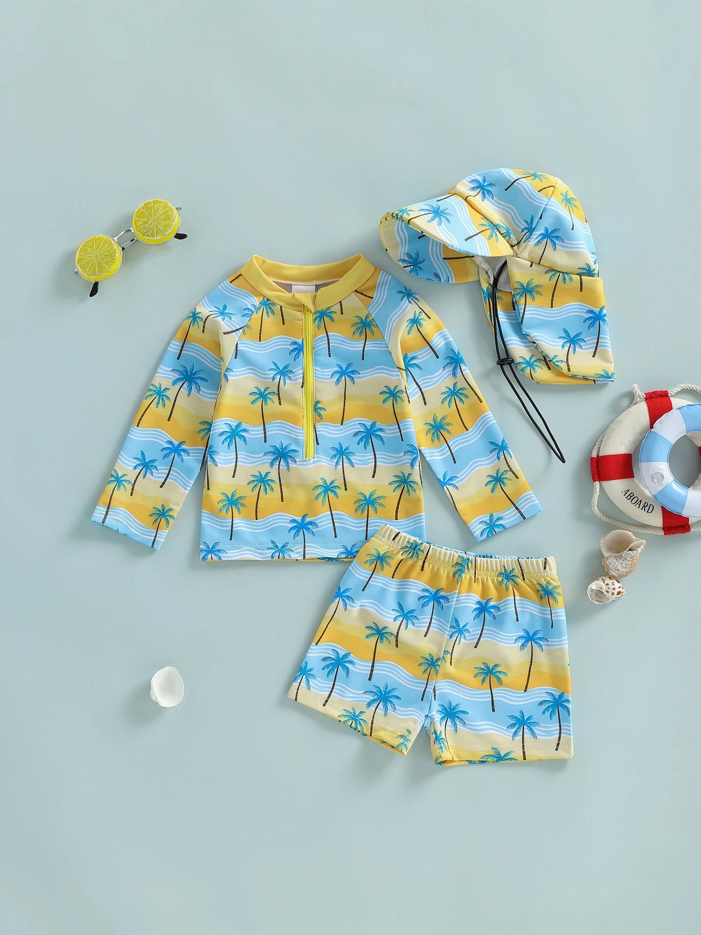 Baby Toddler Boys 3Pcs Rash Guard Swimsuit Set Palm Tree Print Long Sleeve Round Neck Top and Shorts Hat Set