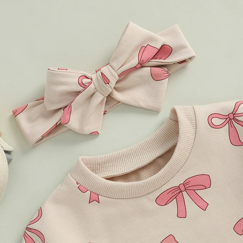 Baby Girl 2Pcs Fall Outfit Bow Print Crew Neck Long Sleeve Bubble Romper Tie-up Headband Set