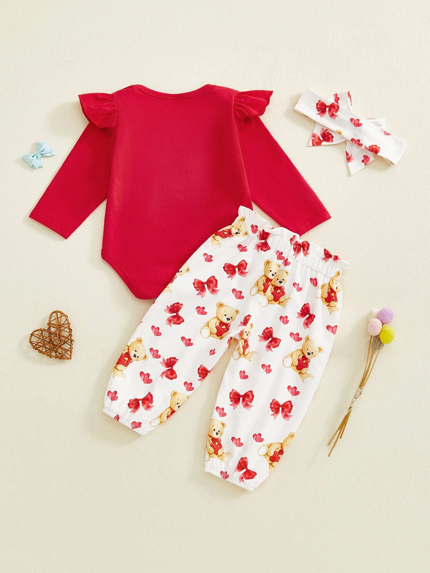 Baby Girl 3Pcs My First Valentine's Day Outfit Ruffle Long Sleeve Crew Neck Bear Print Romper Elastic Waist Pants and Headband Set