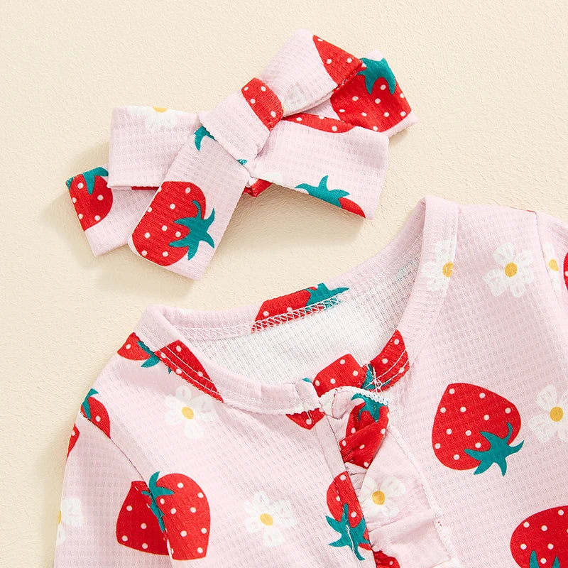 Baby Girls 2Pcs Long Sleeve Strawberry Flower Butterfly Print Frills Zipper Footies Jumpsuit and Headband Romper Set