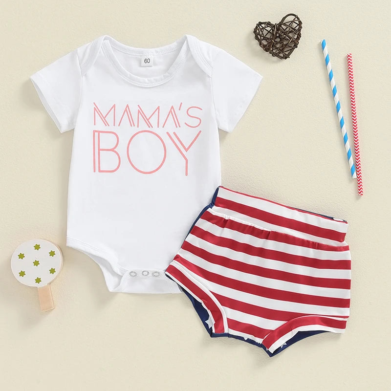 Baby Boys 2Pcs Mama's Boy Summer Set Short Sleeve Letter Print Romper and Stars and Stripes Shorts 4th of July Set