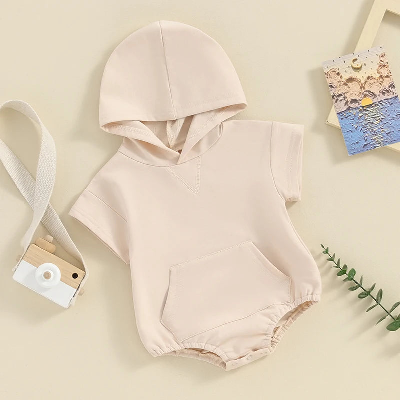 Baby Boy Girl Solid Color Hooded Bodysuit Oversized Short Sleeve Bubble Jumpsuit Pocket Spring Summer Clothes