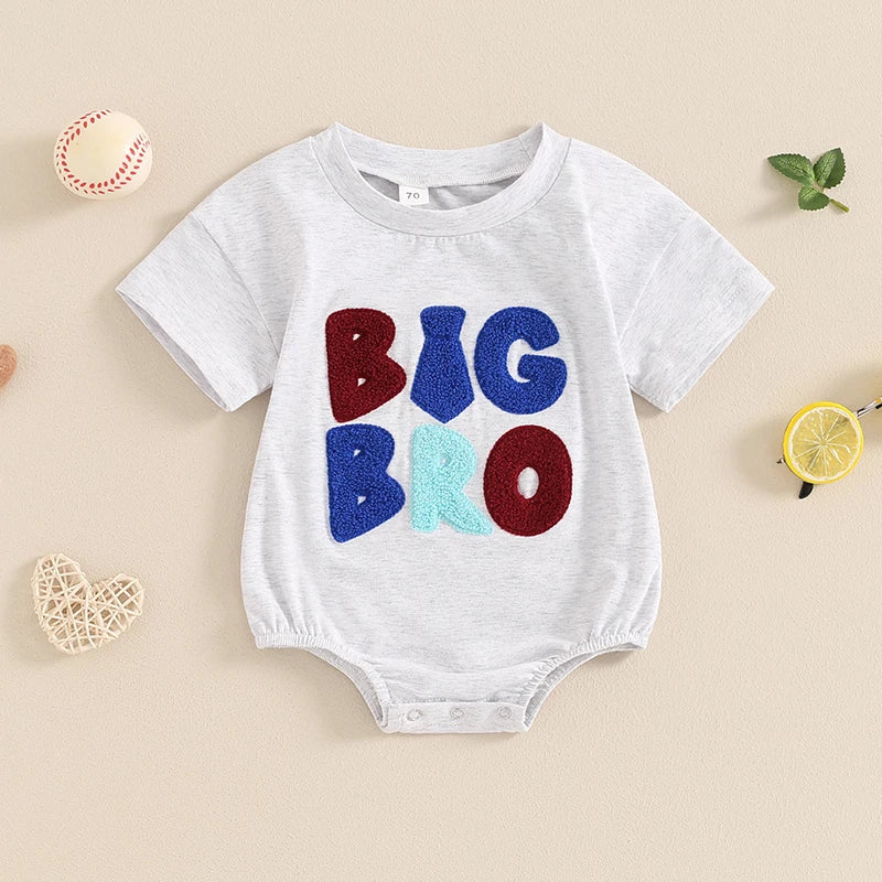 Baby Girl Boy Romper Short Sleeve Crew Neck Big Lil Bro Baseball Brother Big Sis Sister Letter Embroidery Bodysuit