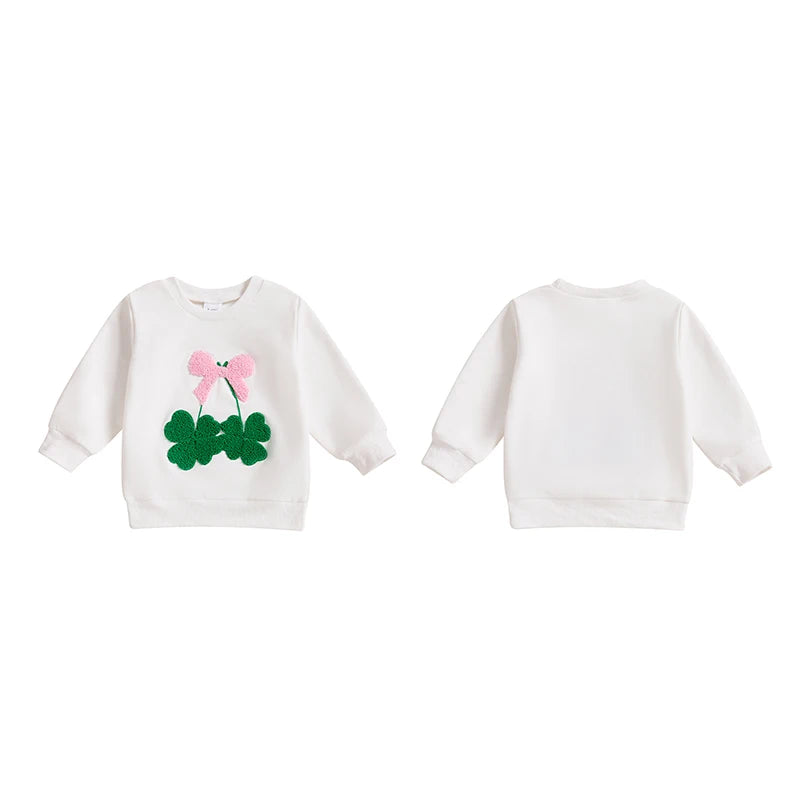 Baby Toddler Girls St. Patrick's Day Irish Bow Four Leaf Clover Embroidery Long Sleeve Pullover Top Casual Spring Clothes