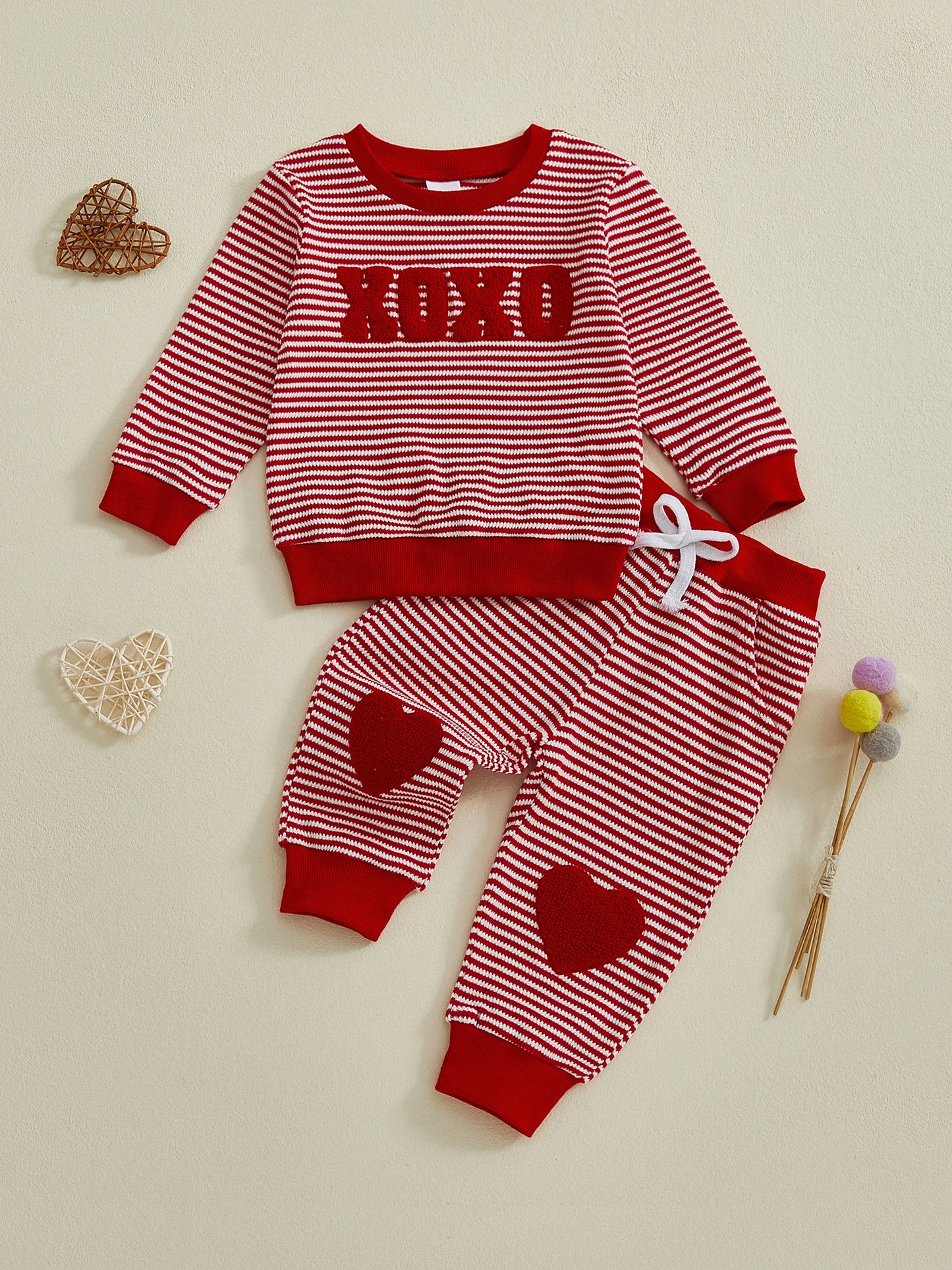 Baby Toddler Girls Boys XOXO Jogger Set Long Sleeve Striped Top with Heart Pants Valentines Day Clothes