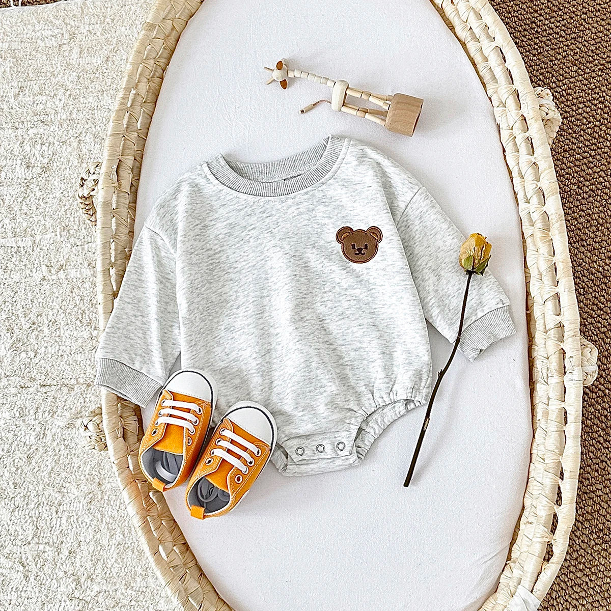 Baby Boys Girls Bubble Romper Long Sleeve Bear Embroidery Bodysuit